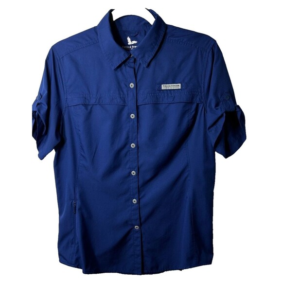 Field & Stream Shirt Women MD Blue Vented Roll Tab Fishing Zip Pocket Short SL - Picture 1 of 11